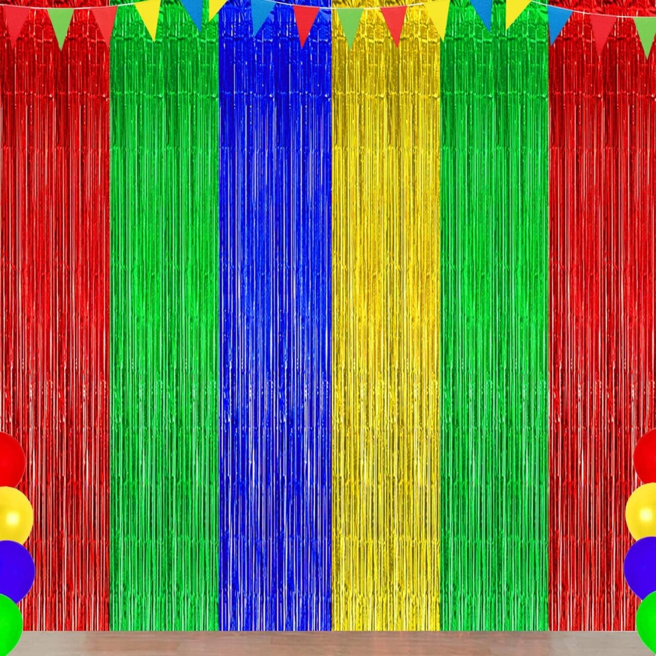 3-Pack Blue, Red, Green & Yellow Foil Fringe Curtains Party Backdrop Decorations
